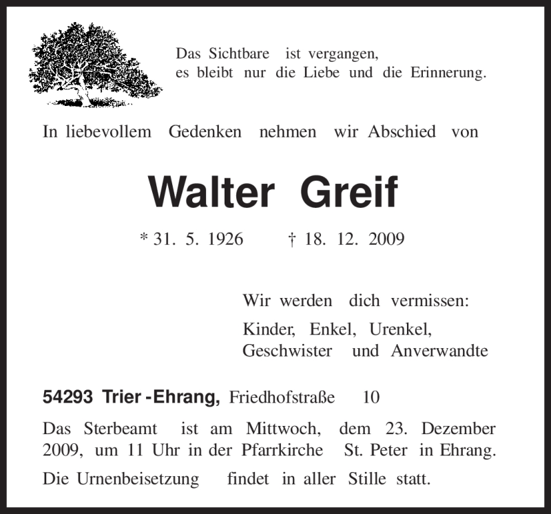 Traueranzeigen von Walter Greif | Volksfreund.Trauer.de