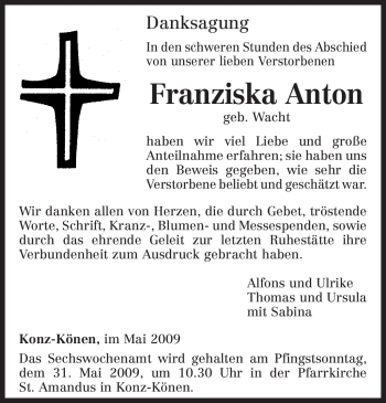 Traueranzeige von Franziska Anton von TRIERISCHER VOLKSFREUND