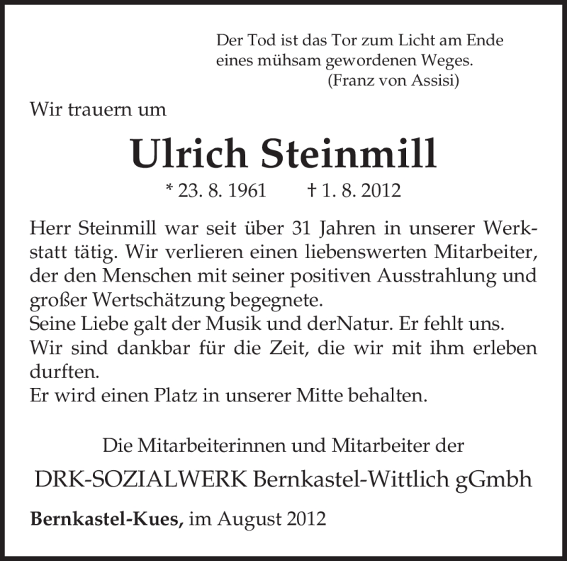  Traueranzeige für Ulrich Steinmill vom 16.08.2012 aus TRIERISCHER VOLKSFREUND
