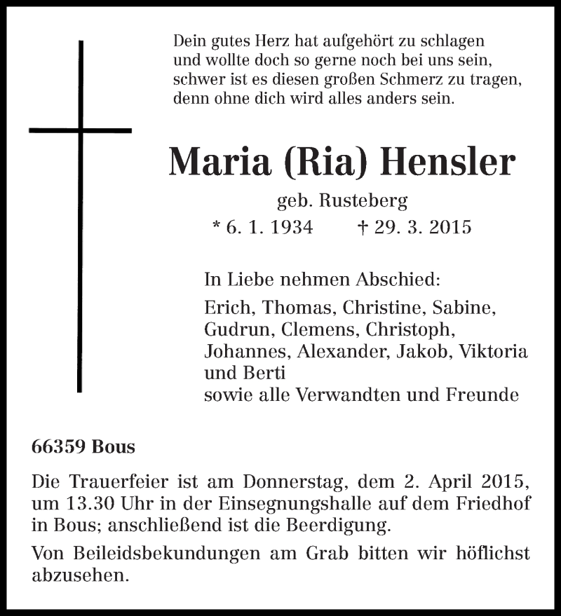  Traueranzeige für Maria  Hensler vom 31.03.2015 aus trierischer_volksfreund