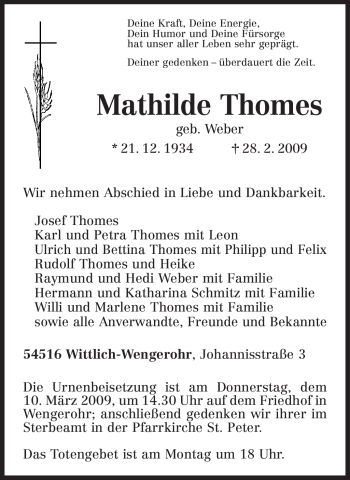 Traueranzeige von Mathilde Thomes von TRIERISCHER VOLKSFREUND