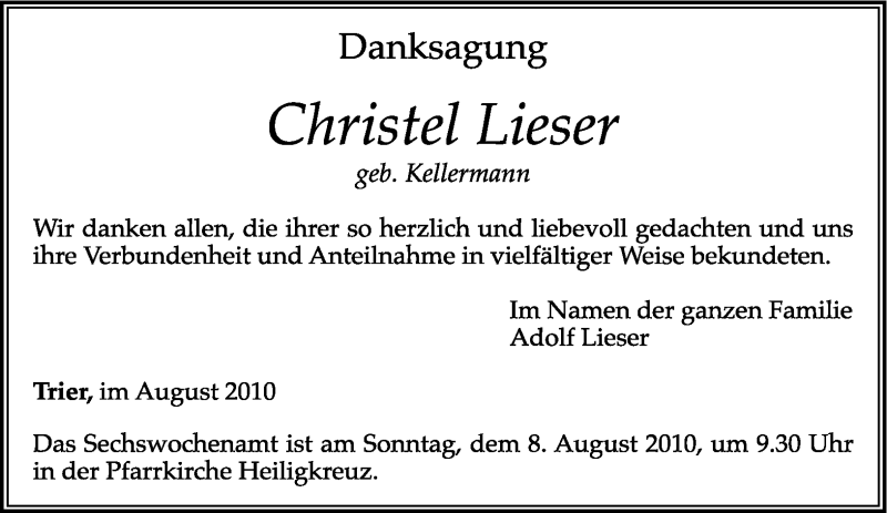  Traueranzeige für Christel Lieser vom 02.08.2010 aus TRIERISCHER VOLKSFREUND