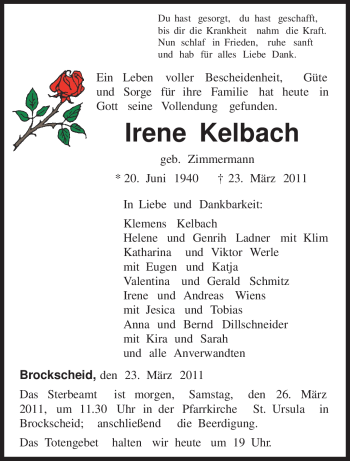 Traueranzeige von Irene Kelbach von TRIERISCHER VOLKSFREUND