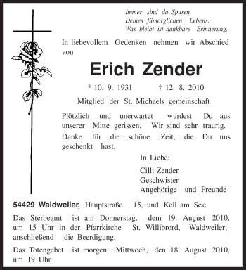 Traueranzeige von Erich Zender von TRIERISCHER VOLKSFREUND