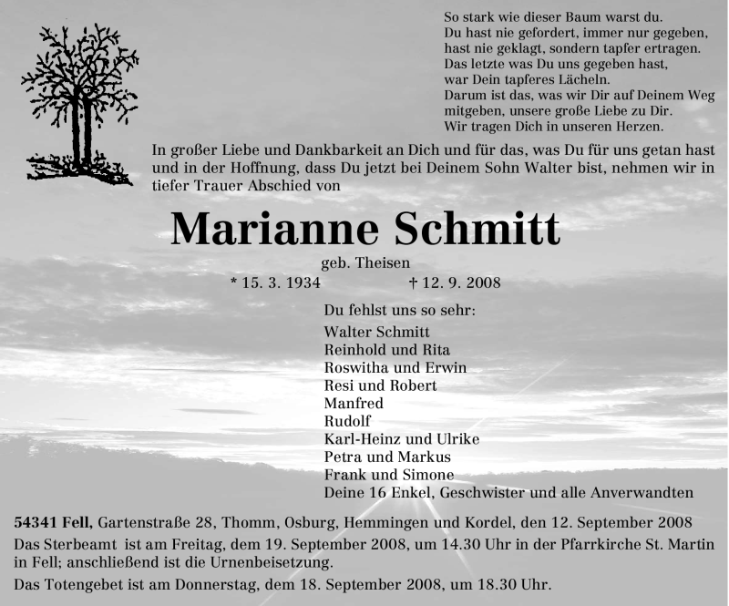  Traueranzeige für Marianne Schmitt vom 16.09.2008 aus TRIERISCHER VOLKSFREUND