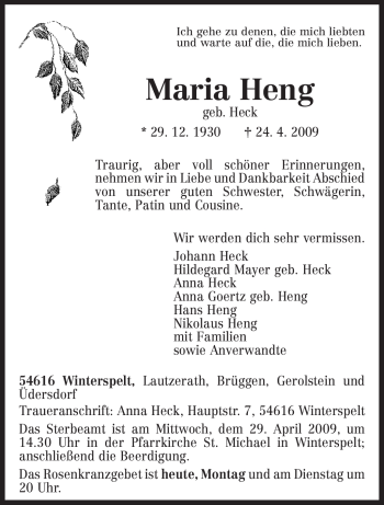 Traueranzeige von Maria Heng von TRIERISCHER VOLKSFREUND