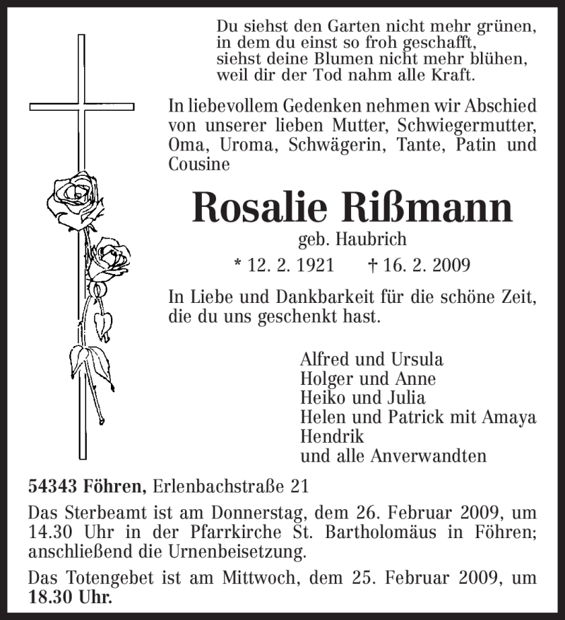  Traueranzeige für Rosalie Rißmann vom 21.02.2009 aus TRIERISCHER VOLKSFREUND