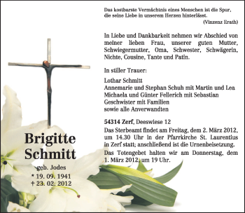 Traueranzeige von Brigitte Schmidt von TRIERISCHER VOLKSFREUND