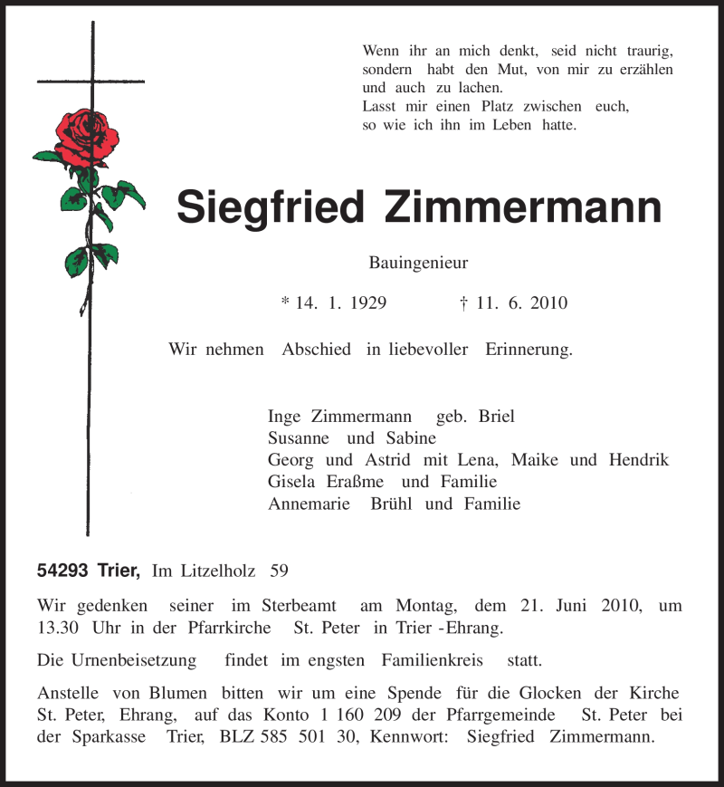  Traueranzeige für Siegfried Zimmermann vom 17.06.2010 aus TRIERISCHER VOLKSFREUND
