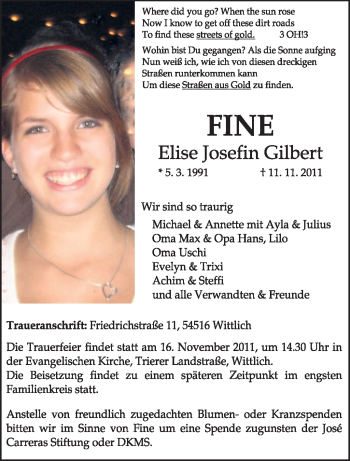 Traueranzeige von Elise Josefin Gilbert von TRIERISCHER VOLKSFREUND