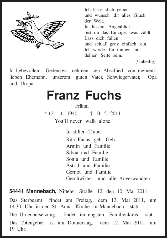  Traueranzeige für Franz Fuchs vom 11.05.2011 aus TRIERISCHER VOLKSFREUND