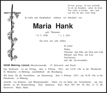 Traueranzeige von Maria Hank von TRIERISCHER VOLKSFREUND
