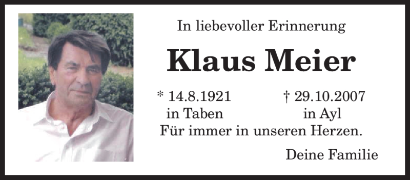  Traueranzeige für Klaus Meier vom 29.10.2010 aus TRIERISCHER VOLKSFREUND