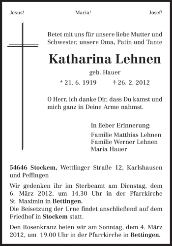 Traueranzeige von Katharina Lehnen von TRIERISCHER VOLKSFREUND