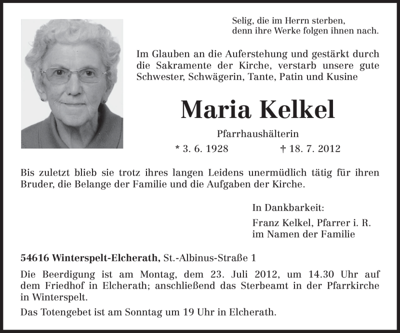  Traueranzeige für Maria Kelkel vom 20.07.2012 aus TRIERISCHER VOLKSFREUND