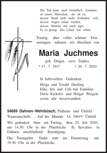 Traueranzeige von Maria Juchmes von TRIERISCHER VOLKSFREUND