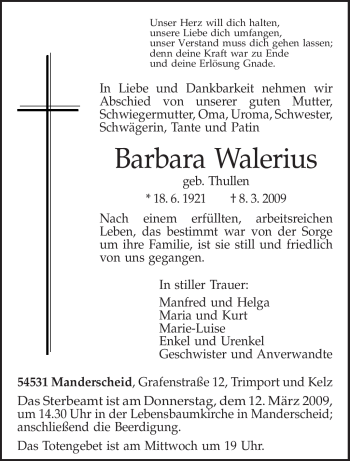 Traueranzeige von Barbara Walerius von TRIERISCHER VOLKSFREUND