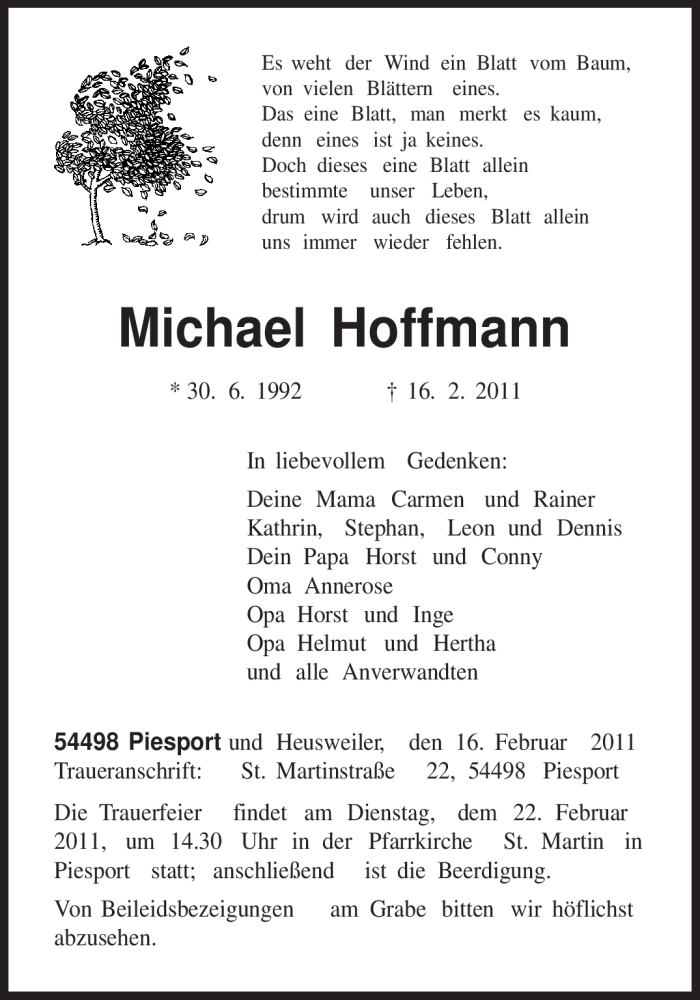  Traueranzeige für Michael Hoffmann vom 19.02.2011 aus TRIERISCHER VOLKSFREUND