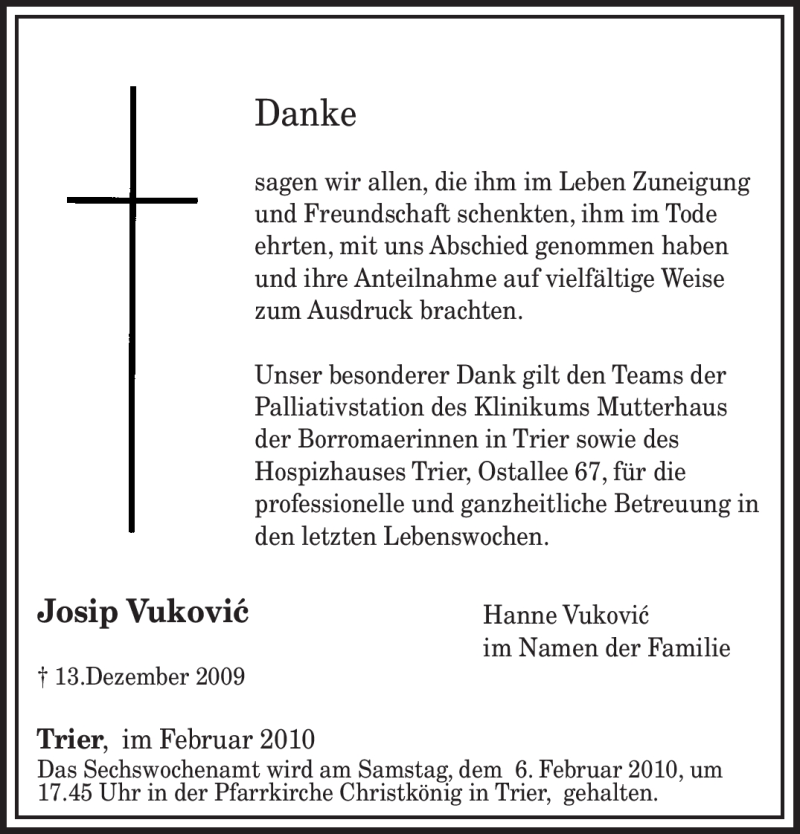  Traueranzeige für Josip Vukovic vom 03.02.2010 aus TRIERISCHER VOLKSFREUND