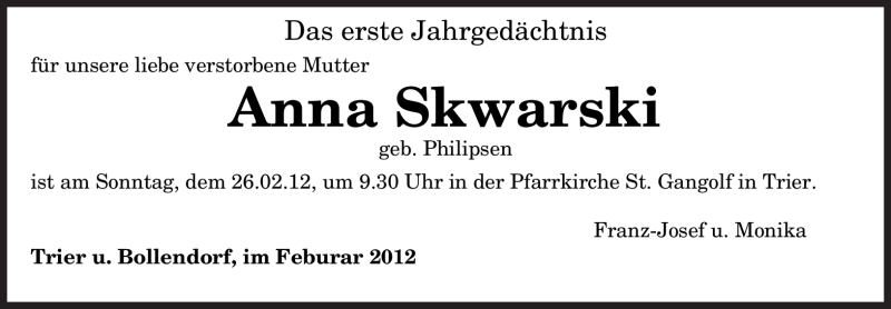  Traueranzeige für Anna Skwarski vom 18.02.2012 aus TRIERISCHER VOLKSFREUND