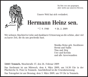 Traueranzeige von Hermann Heinz von TRIERISCHER VOLKSFREUND