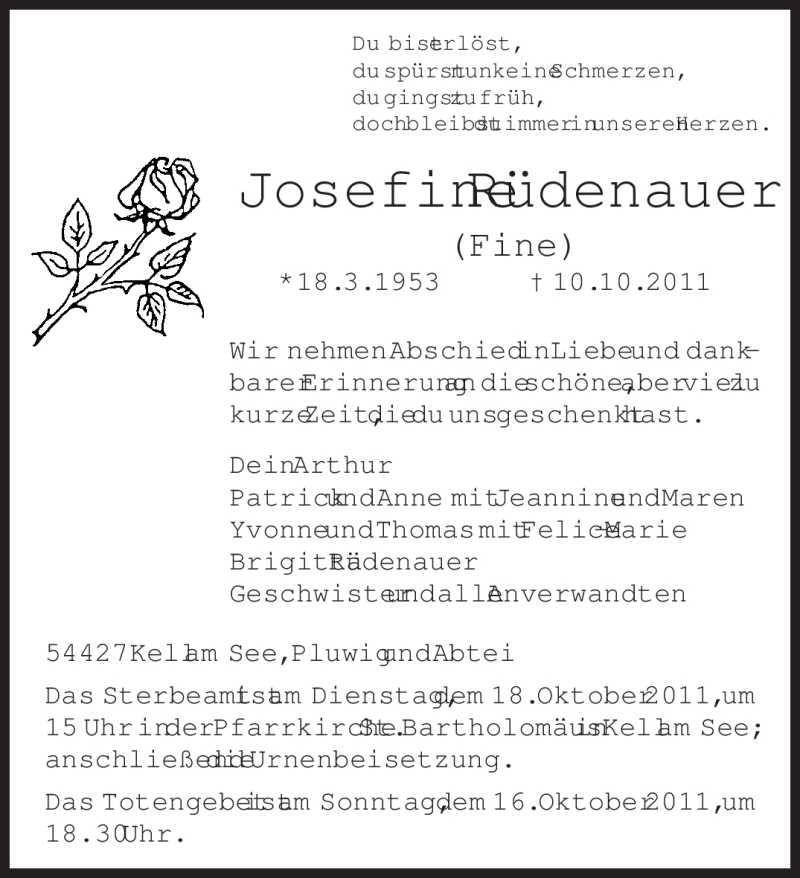  Traueranzeige für Josefine Rüdenauer vom 14.10.2011 aus TRIERISCHER VOLKSFREUND