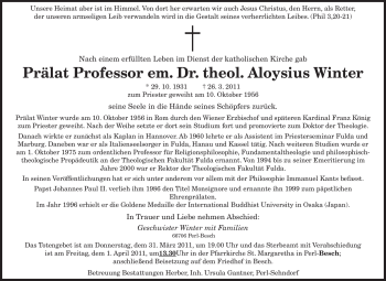 Traueranzeige von Aloysius Winter von TRIERISCHER VOLKSFREUND
