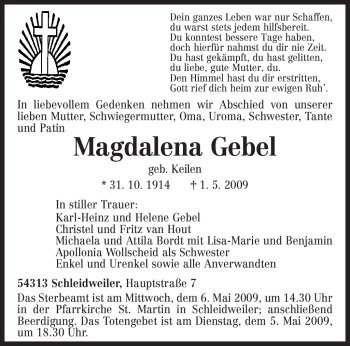 Traueranzeige von Magdalena Gebel von TRIERISCHER VOLKSFREUND