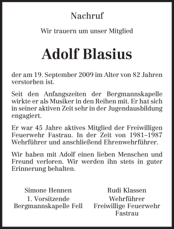 Traueranzeige von Adolf Blasius von TRIERISCHER VOLKSFREUND