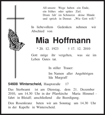 Traueranzeige von Mia Hoffmann von TRIERISCHER VOLKSFREUND