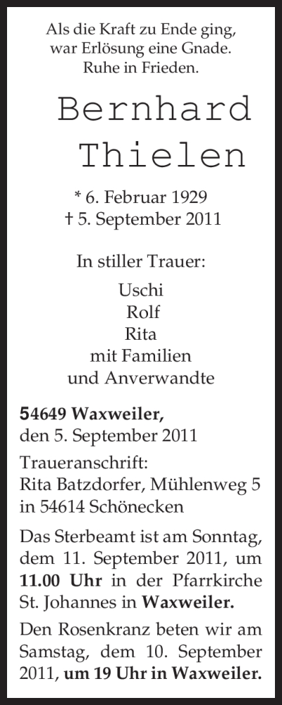  Traueranzeige für Bernhard Thielen vom 07.09.2011 aus TRIERISCHER VOLKSFREUND
