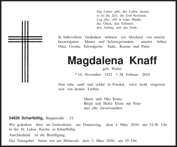Traueranzeige von Magdalena Knaff von TRIERISCHER VOLKSFREUND