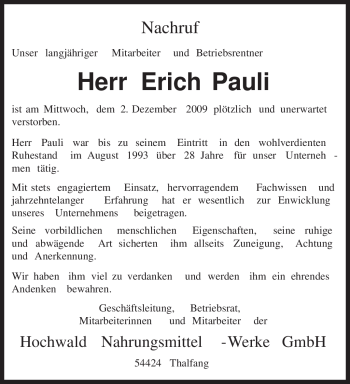 Traueranzeige von Erich Pauli von TRIERISCHER VOLKSFREUND