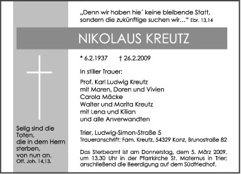 Traueranzeige von Nikolaus Kreutz von TRIERISCHER VOLKSFREUND