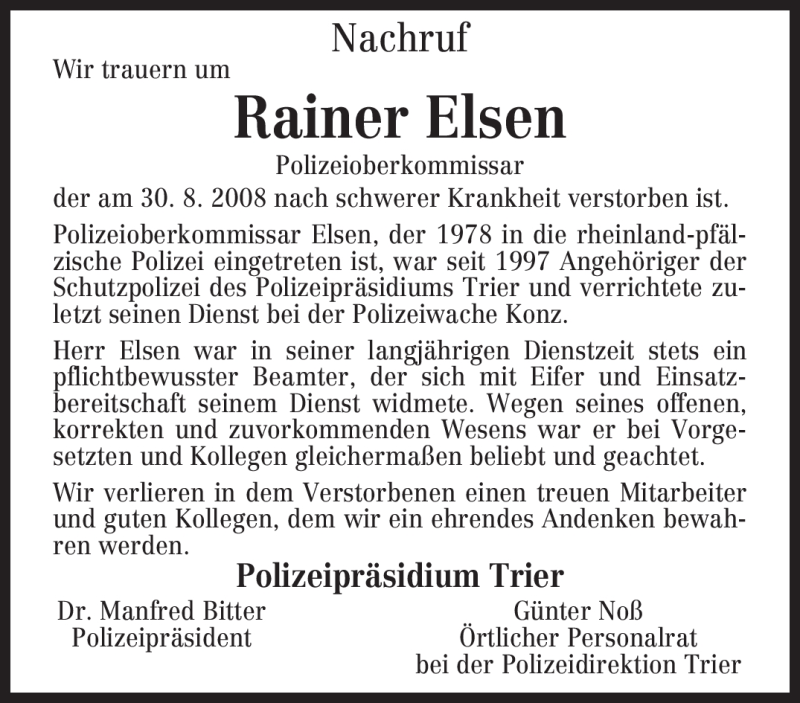  Traueranzeige für Rainer Elsen vom 05.09.2008 aus TRIERISCHER VOLKSFREUND