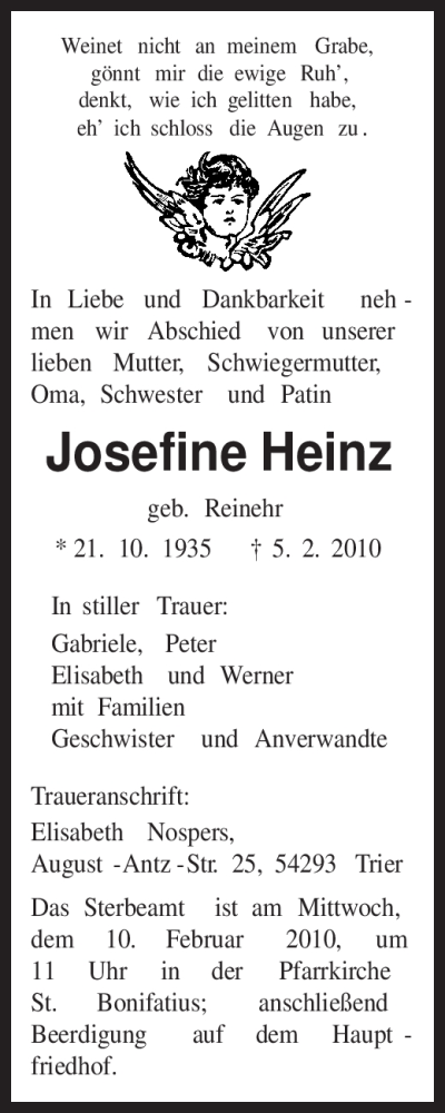  Traueranzeige für Josefine Heinz vom 09.02.2010 aus TRIERISCHER VOLKSFREUND