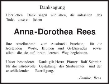 Traueranzeige von Anna - Dorothea Rees von TRIERISCHER VOLKSFREUND