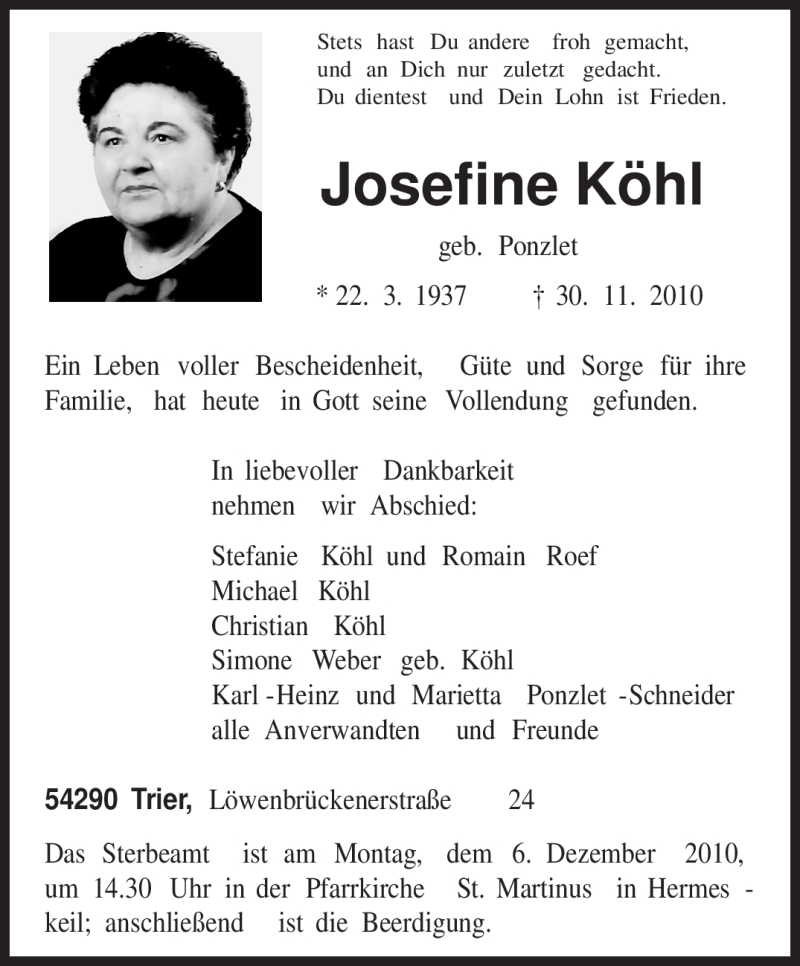  Traueranzeige für Josefine Köhl vom 03.12.2010 aus TRIERISCHER VOLKSFREUND
