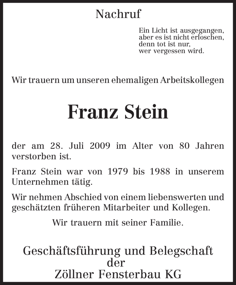  Traueranzeige für Franz Stein vom 31.07.2009 aus TRIERISCHER VOLKSFREUND
