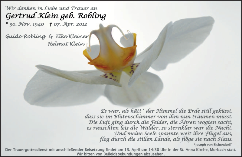  Traueranzeige für Gertrud Klein vom 11.04.2012 aus TRIERISCHER VOLKSFREUND