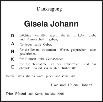Traueranzeige von Gisela Johann von TRIERISCHER VOLKSFREUND