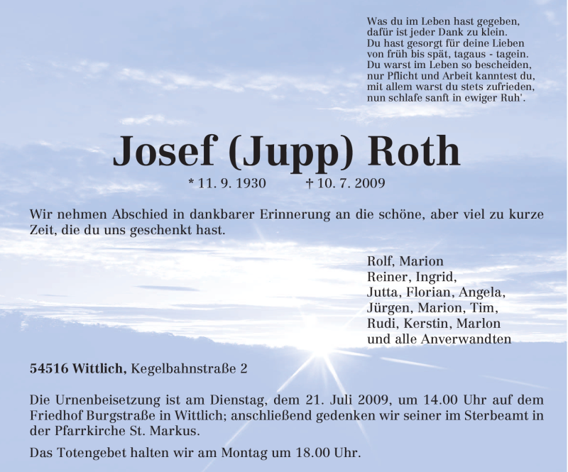  Traueranzeige für Josef Roth vom 15.07.2009 aus TRIERISCHER VOLKSFREUND