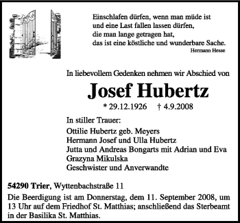 Traueranzeige von Josef Hubertz von TRIERISCHER VOLKSFREUND