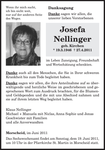 Traueranzeige von Josefa Nellinger von TRIERISCHER VOLKSFREUND