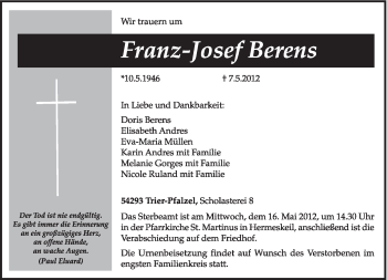 Traueranzeige von Franz-Josef Berens von TRIERISCHER VOLKSFREUND