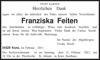 Traueranzeige von Franziska Feiten von TRIERISCHER VOLKSFREUND