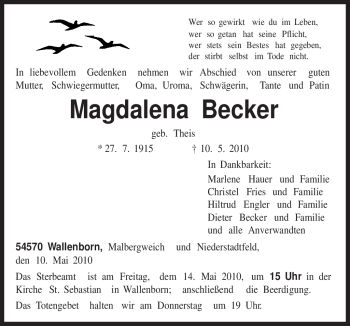 Traueranzeige von Magdalena Becker von TRIERISCHER VOLKSFREUND