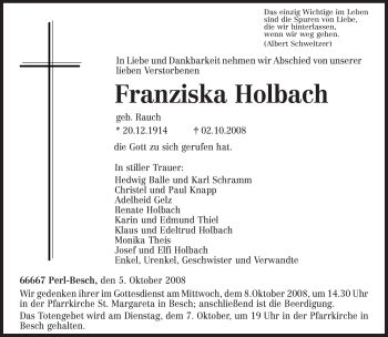 Traueranzeige von Franziska Holbach von TRIERISCHER VOLKSFREUND