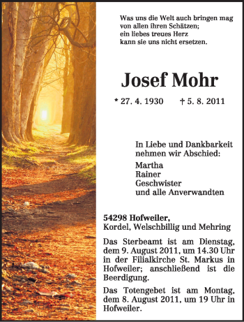 Traueranzeige von Josef Mohr von TRIERISCHER VOLKSFREUND
