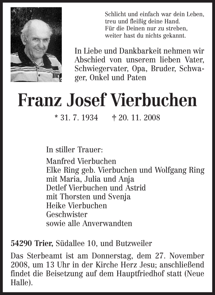  Traueranzeige für Franz Josef Vierbuchen vom 25.11.2008 aus TRIERISCHER VOLKSFREUND